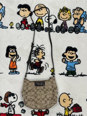 Coach Beige Signature Monogram Crossbody with Brown Strap